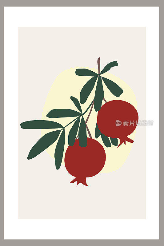 Pomegranate on a branch with leaves. Template with abstract composition of simple shapes and fruits. Minimalism, Pastel earthy colors. Vector banners for postcards, wall art and social media covers